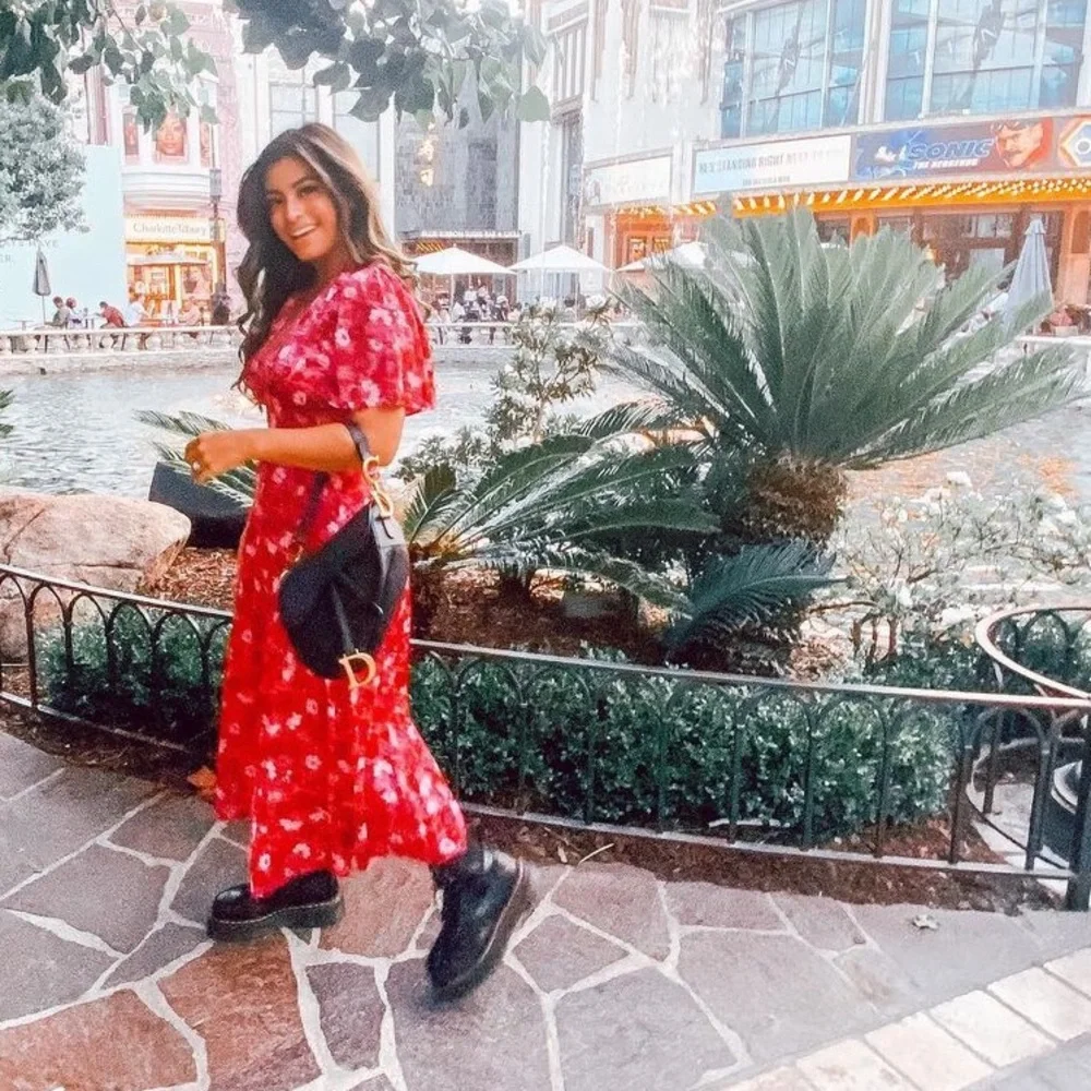 Topshop Willow Pink Floral Angel Sleeve Midi Dress US 4 UK 8 - Picture 7 of 9